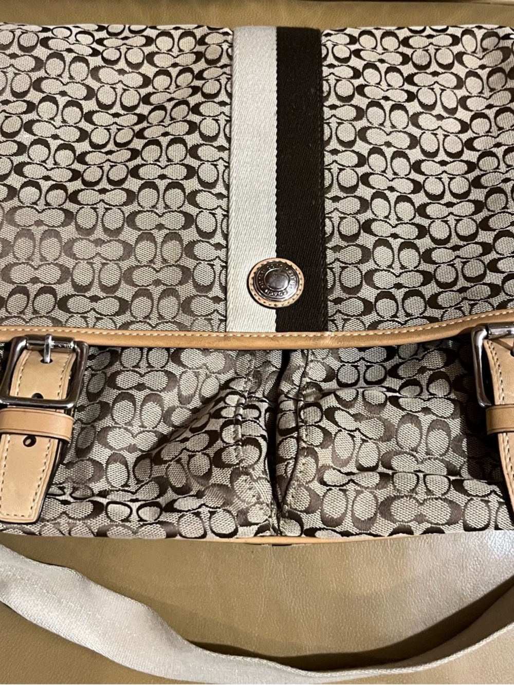 Coach Brown Signature Canvas Tote with Tan Trim and Center Stripe Coach bag.